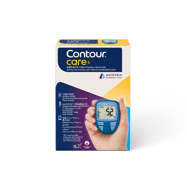 Contour Care 血糖機套裝系統簡單易用，方便操作，高準確度，超越ISO 15197 2013準確度要求，令測試更安心，擁有Second-Chance®再次補足血液技術，如首次採得血量不足，血糖儀機會發出提示，用家便可把更多血液吸進同一試紙內進行測試（30秒內補足血液），避免浪費，設smartCOLOUR™功能：以三色指示即時為您顯示血糖測試結果是否在目標水平範圍，與CONTOUR®DIABETES app可透過Bluetooth®(藍牙)技術無縫連接，顯示7、14、30、90天的平均測試值，附餐前及餐後標記，用家更了解飲食對血糖的影響，設飯前飯後及空腹提示，提醒用家測試餐前餐後血糖的時間。