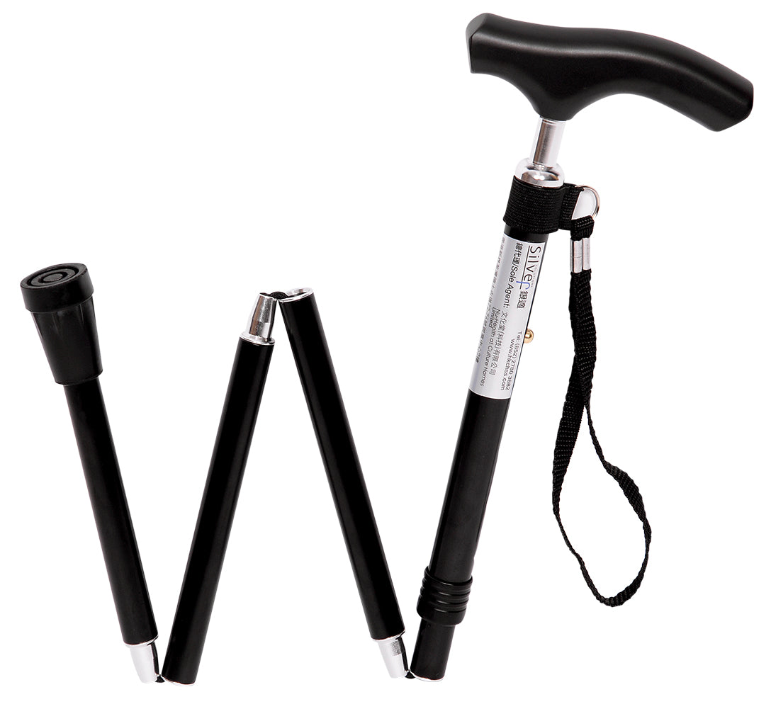 銀適 四段摺合式拐杖輔助使用者行走,可4段摺合,5段高度調節,配備自動鎖緊功能。配合舒適手柄及拐杖繩以避免拐杖從使用者手中滑落,顏色多達十一款。