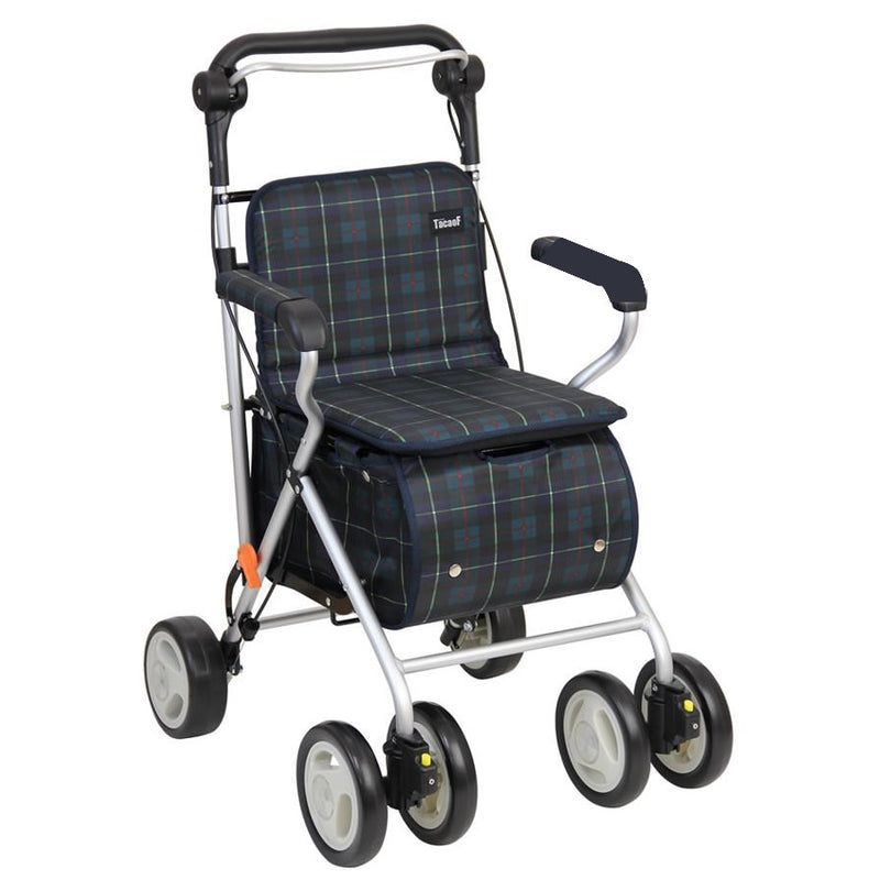 日本TacaoF 助行手推車附扶手,設特大容量,購物袋可容納多達23升的物品,買東西時倍感方便。設有寬敞的座面,32厘米寬的座位提供舒適承托,更穩定更安全。手推車的後輪加大,車身不會卡在溝中,行走時非常順暢。附摺疊省位功能,方便儲藏。藏藍色格子配色百搭,廣受用戶好評。
