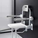 可摺合上牆式沐浴椅設有扶手及座墊，增加沐浴的安全性，需要安裝在牆上，可自行簡單安裝於牆上，不使用時可平放在牆上，腿墊高度可調整，扶手可收起，座墊可拆除清洗。