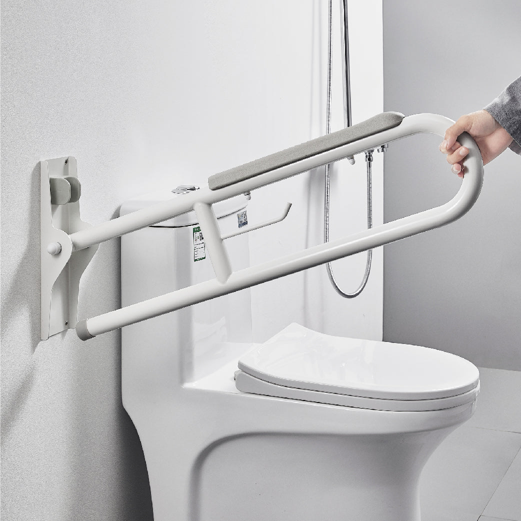 可摺式浴室U型扶手扶手需要安裝在牆上,可輔助站立及坐下的動作,提升浴室安全性,人性化設計,易於清潔,冬天防靜電, 防滑軟墊,觸感舒適,方便握抓,框架採用高強度304不鏽鋼,配合環保抗菌材料,扶手設計高檔美觀,扶手可摺起,不使用時節省空間。