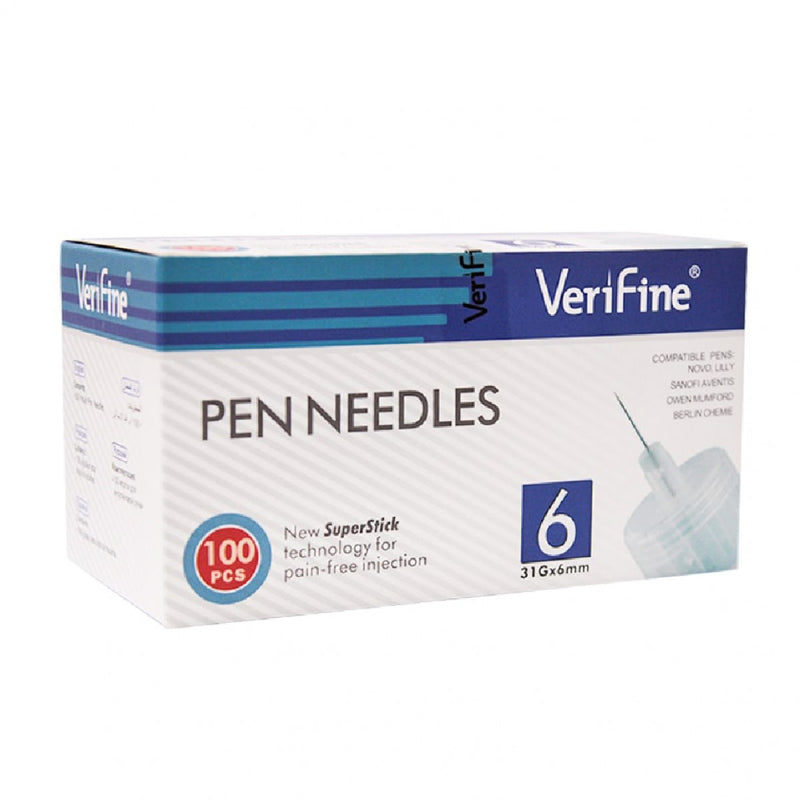 verifine胰島素筆針頭-100粒-盒  針頭為三斜面設計,可達到最佳刺穿及注射效果,針頭附有有機矽潤滑塗層矽,無痛體驗,方便針刺,針長精準,帶來更少的刺穿,減少痛感。光滑的螺紋設計可保護胰島素筆的使用,適用於香港大部份胰島素筆,例如:NovoFine。獨有「薄壁刺穿技術」,可減少注射的力度,從而減少注射疼痛感和注射時間,亦可以降低胰島素洩漏的風險。內管電拋光工藝,可避免長期注射胰島素後結痂。