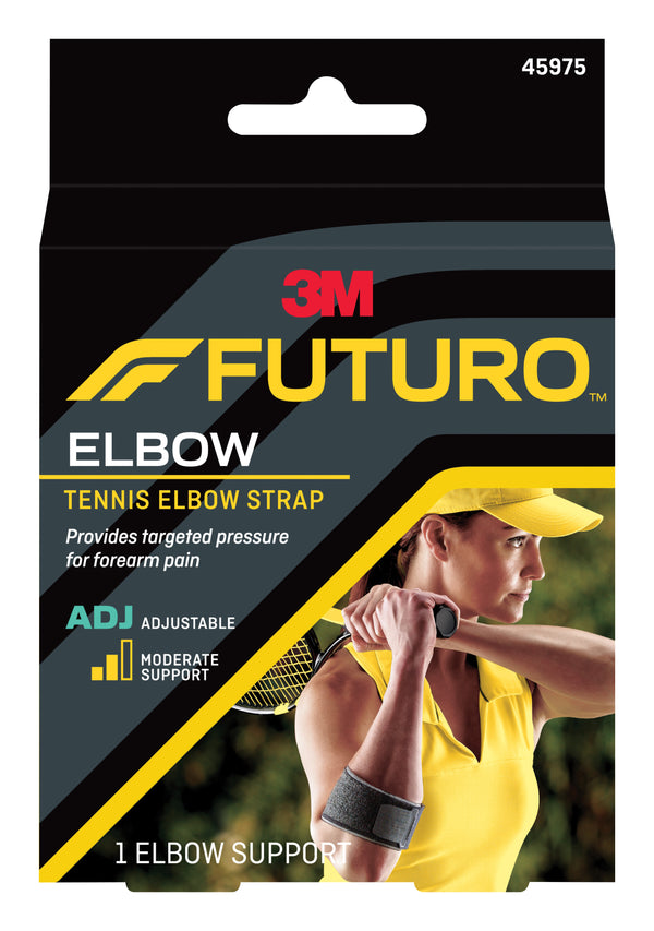 3M FUTURO 自定壓力型肘關節加壓帶適用於強力抓握或手指頻繁活動而引致不適的人士。為受傷、無力、或拆除石膏後之手腕提供舒適保護，舒緩前臂及手肘的疼痛、腫脹及痠軟，網球/高爾夫球肘患者適用。