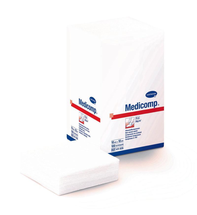 Medicomp® 無紡紗布適用於一般傷口治療，可在門診部及病房中進行介入治療時，用作棉拭和傷口敷料。結構與紗布相似的無紡布棉拭，由 70 % 黏膠纖維 (viscose) 和 30 % 聚酯纖維製成，不含黏合劑及熒光增白劑。