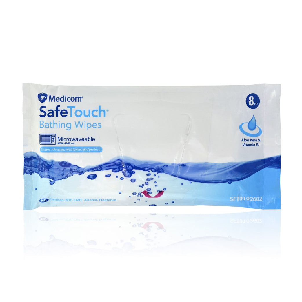 Medicom 免過水抹身巾即開即用, 免沖水, 節省護理時間。一包已足夠為全身作清潔。含蘆薈及維他命E成份。可在使用前於微波爐加熱。適合孕婦, 長者或長期臥床之患者。