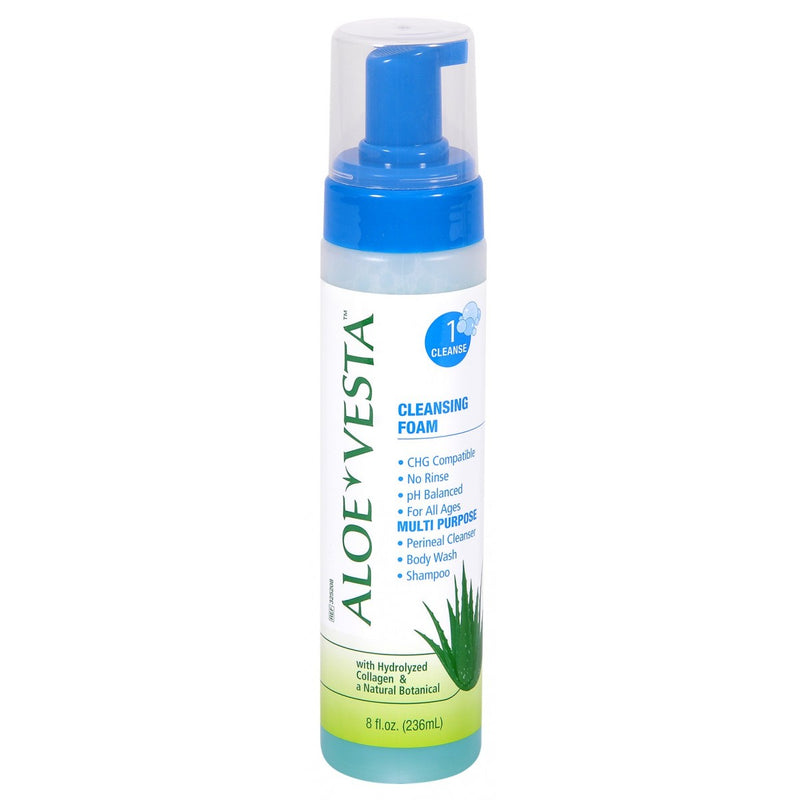Aloe Vesta ConvaTec 免沖洗3合1潔膚泡 8oz，有效徹底清潔，對抗及預防水溶性剌激物引起的敏感、紅斑及汗疹。特別加入蘆薈成份、特有保濕因子及pH平衡特性，加強對皮膚的滋潤及保護。
