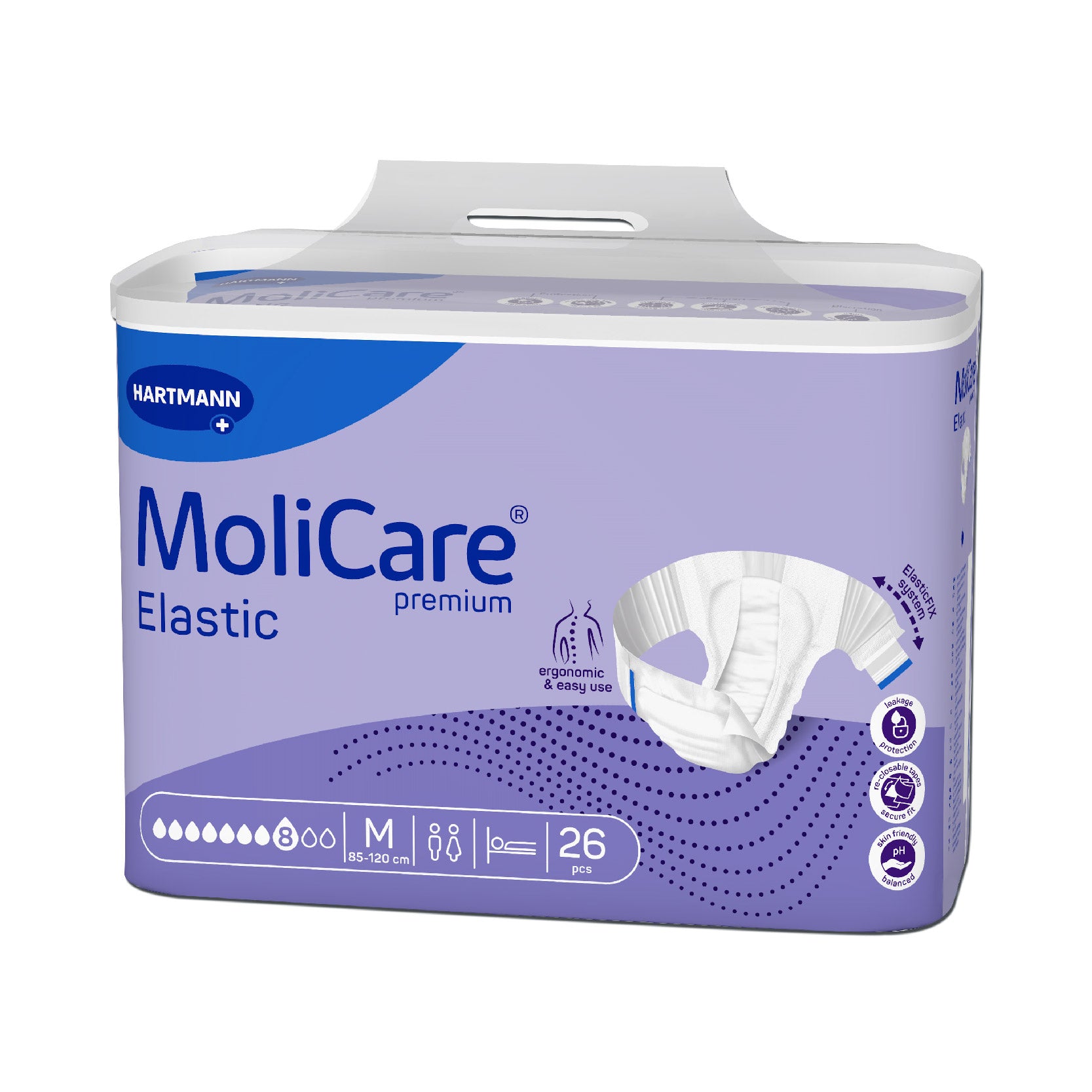 molicare®-安加適彈性金裝成人紙尿片-夜用  影片介紹 產品簡介： 使用技巧及小貼士： 產品功能 嶄新全方位紙尿片，附有符合人體工學的三層吸收芯材 精心設計芯材具有高吸附能力，為用家提供最大防漏保護 卓越保水性能有效防止肌膚回潮，維持肌膚健康，帶來全所未有的舒適感覺 注重全面皮膚保護 (Active Skin Protection) 概念，有助保持皮膚健康並防止肌膚遭受外部刺激 適合患有中度大/ 小便失禁的人群使用，亦適合高依賴性及長期臥床的患者/ 住院患者使用 產品特點 快乾疏導層，柔軟彎曲的防漏邊圍 附有胯部彈性線、柔軟綿織背墊、尿濕顯示 臀部區域帶有透氣摺邊和可重新封合的魔術貼 規格 細碼 腰臀尺碼：70-90 厘米 吸濕量：2356毫升 包裝規格：26片 中碼 腰臀尺碼…