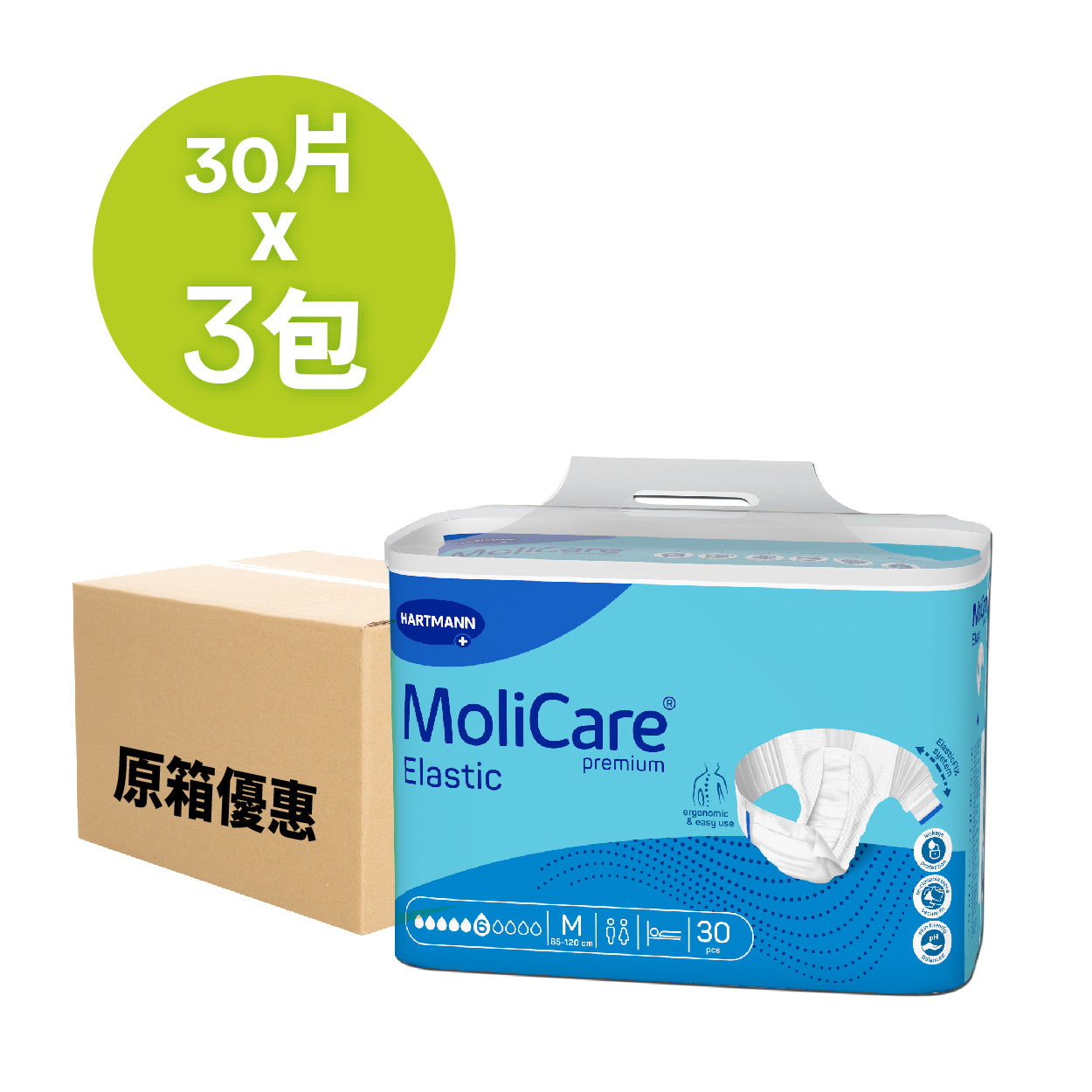 原箱-molicare®安加適彈性金裝成人紙尿片日用 嶄新全方位紙尿片，附有符合人體工學的三層吸收芯材，精心設計芯材具有高吸附能力，為用家提供最大防漏保護。卓越保水性能有效防止肌膚回潮，維持肌膚健康，帶來全所未有的舒適感覺，注重全面皮膚保護 (Active Skin Protection) 概念，有助保持皮膚健康並防止肌膚遭受外部刺激，適合患有中度大小便失禁的人群使用，亦適合高依賴性及長期臥床的患者或住院患者使用。