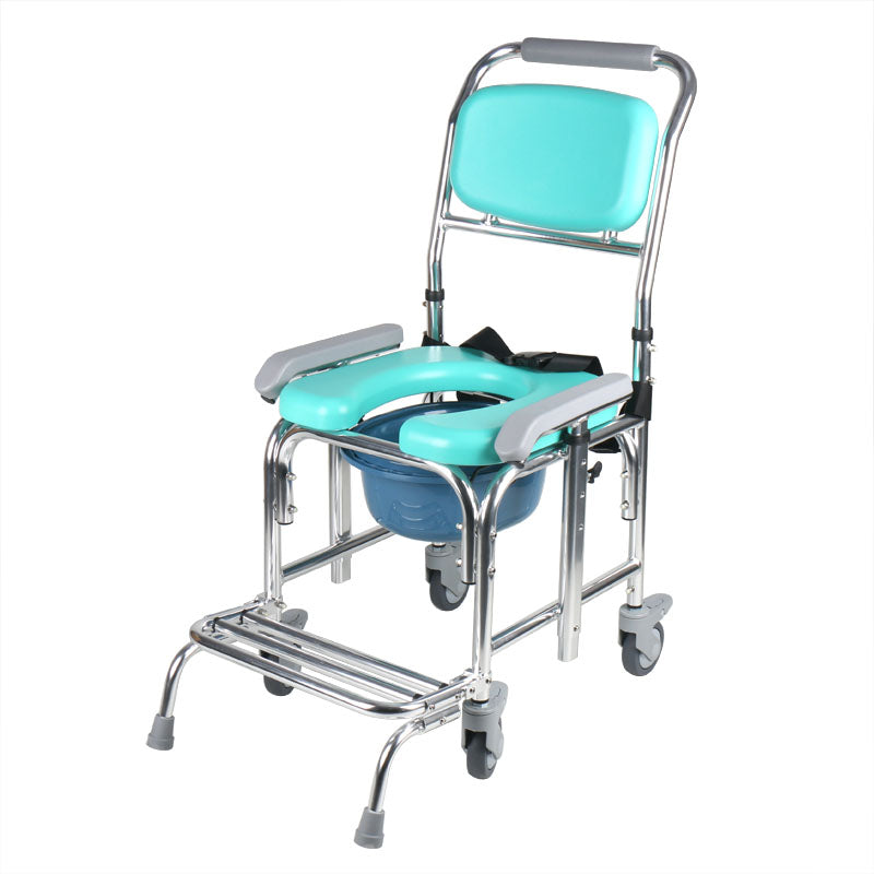 銀適多功能帶輪沐浴便椅有3合1功能，可作沐浴椅、便椅、輪椅使用。使用者可坐著洗澡，確保浴室安全，可放在標準坐廁上，輔助使用者如廁，配有四個輪子，可輔助使用者行走，鋁合金支架，輕巧抗氧化。總闊度只有49 厘米，適合進出狹窄地方及浴室門口，附有可收合防前傾腳踏支撐架，防止便椅因重心往前而造成前傾翻覆 ，安全可靠，附有可調節高度扶手，方便起身、坐下，及方便不同身高人士使用，附有防滑把手，方便推行，附有防水軟墊靠背，柔軟舒適，附有防水特厚U型軟墊廁板，配有座椅蓋，衛生舒適，附有手抽式有蓋便桶，方便清潔，有效防漏 配有鎖輪功能，確保使用者停下來時便椅不會移動，安全舒適，組裝簡單，快捷方便。