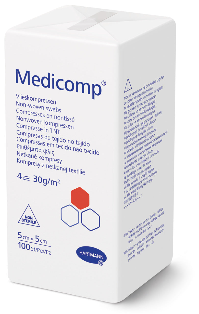 Medicomp® 無紡紗布適用於一般傷口治療，可在門診部及病房中進行介入治療時，用作棉拭和傷口敷料。結構與紗布相似的無紡布棉拭，由 70 % 黏膠纖維 (viscose) 和 30 % 聚酯纖維製成，不含黏合劑及熒光增白劑。