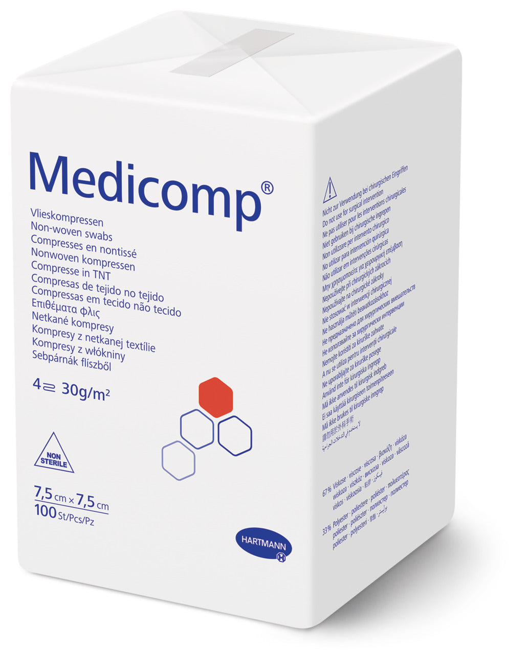 Medicomp® 無紡紗布適用於一般傷口治療，可在門診部及病房中進行介入治療時，用作棉拭和傷口敷料。結構與紗布相似的無紡布棉拭，由 70 % 黏膠纖維 (viscose) 和 30 % 聚酯纖維製成，不含黏合劑及熒光增白劑。