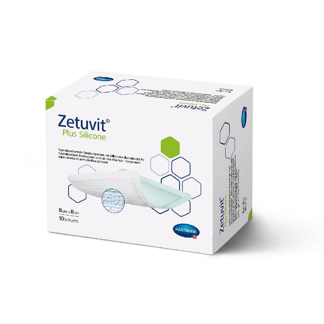 Hartmann Zetuvit Plus Silicone 帶矽膠自黏特強吸收性敷料墊適合處理中至大量滲液的慢性及急性傷口，含有超級吸收份子SAP，能吸附大量的滲液，矽膠無創技術能減少更換敷料時的疼痛及不適，更不會影響傷口癒合，可敷在傷口上長達五天，不可剪裁使用。
