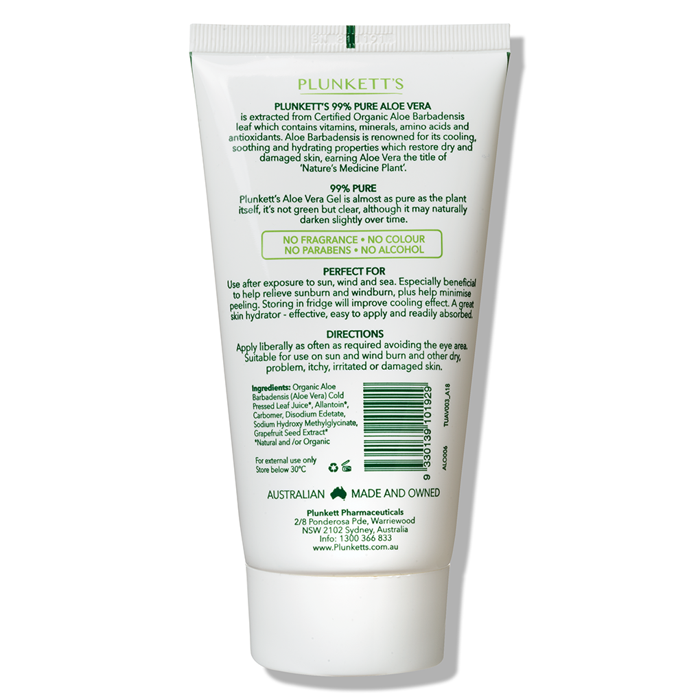 Plunkett's 蘆薈99% 凝膠從天然植物中直接提取提高水分滲透，有助保濕，減少皮膚剝落，可加速燒傷、割傷和擦傷的癒合過程、緩解非毒蟲叮咬的刺激、減輕因剃鬚而引起的皮疹。天然保濕劑，含源自天然紫草根的尿囊素，有助修復皮膚。