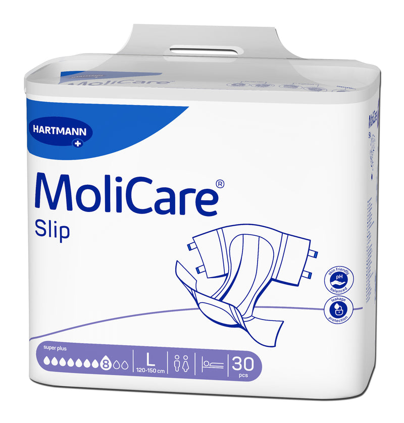 MoliCare® 安加適® 成人紙尿片(大碼)弱酸性護膚，維持皮膚天然弱酸性保護層，快速導流尿液至超吸濕鎖水層，令表面瞬間乾爽，側腰帶以高透氣不織布製成，感覺通爽能中和難聞的氣味德國及法國製造。