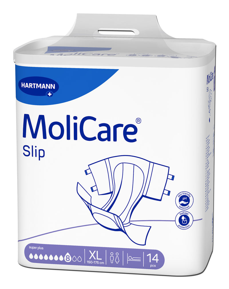 MoliCare® 安加適® 成人紙尿片(加大碼)弱酸性護膚，維持皮膚天然弱酸性保護層，快速導流尿液至超吸濕鎖水層，令表面瞬間乾爽，側腰帶以高透氣不織布製成，感覺通爽能中和難聞的氣味德國及法國製造。