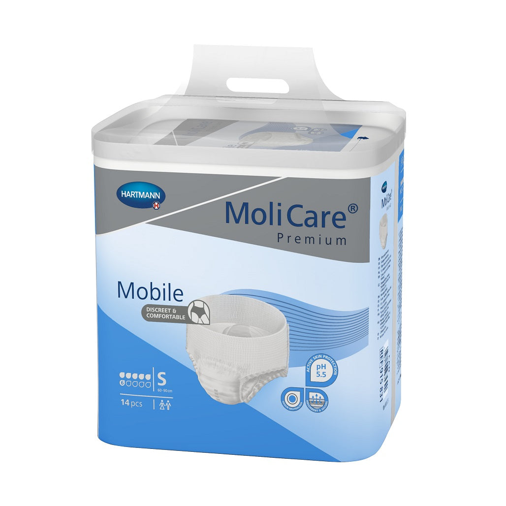 MoliCare®安加適金裝活動紙尿褲適用於中重度大/ 小便失禁，整個表面均覆有柔軟無紡布，並擁有內側防漏邊。底層是柔軟布質外層，完美防滲漏，適合好動及精神不穩定的患者。特別設計的產品輪廓帶來高度舒適，彈性腿部收束，完美貼合身體，猶如穿著普通內褲。