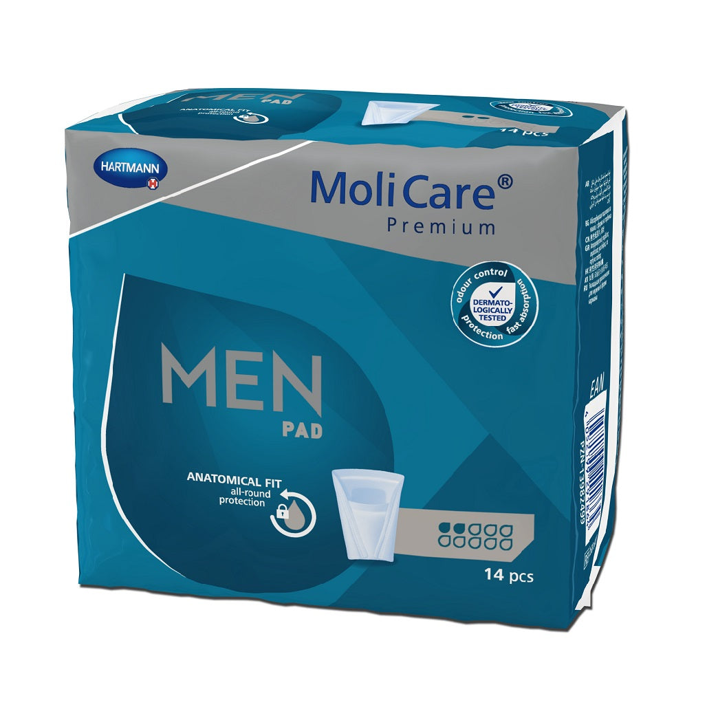 molicare®安加適男性專用金裝無憂墊-輕量型-加強型  專為男性設計V形吸收墊，適合男性生理結構，適用於有輕度滴漏至少量漏尿的男性。赫曼專利德國紙片科技維持親膚弱酸性 pH 5.5，長效保護皮膚天然保護膜，主動抑菌，長效超吸濕鎖水技術能保持皮膚乾爽舒適，整個表面均覆有柔軟無紡布，透氣舒適 3層吸濕技術，將滲漏減至最低，鎖味技術中和異味及防臭，避免尷尬時刻，經皮膚專家驗證。