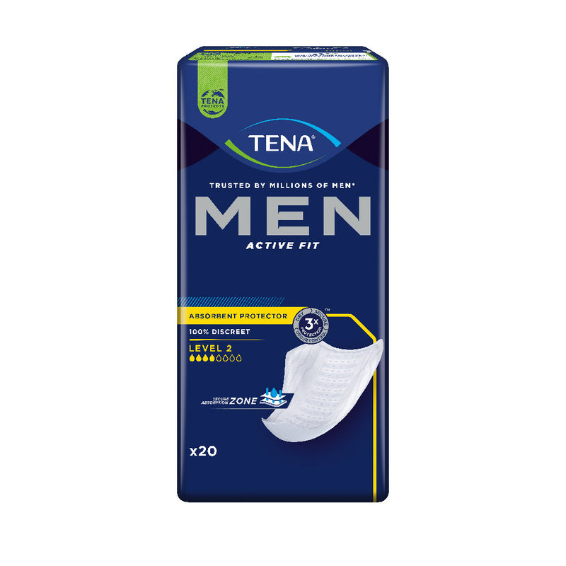 添寧TENA 男用尿墊 (新包裝)  適合有尿漏的男士使用，外形根據男性生理構造所設計，令穿著衣服後毋須擔心他人察覺。背部膠條能將尿墊固定於工角形內褲的位置，讓用者毋須擔心尿漏問題。