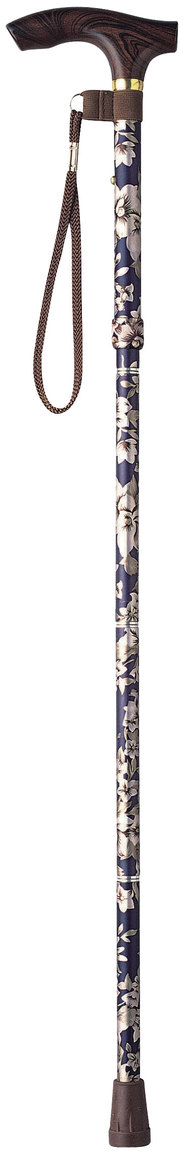 日本TacaoF 摺合式花紋拐杖的窄身頸部設計，有助使用者易於緊握手柄，減低因長時間用力握緊而造成的疲勞，另設有6段可調較高度供選擇，上落樓梯或斜路時，可按情況調整合適高度。此外，拐杖採用特製物料製造，比一般拐杖更防刮花及耐用，保持拐杖美觀。日本TacaoF 摺合式花紋拐杖備有膠圈可紮緊摺疊後的拐杖，方便存放及攜帶，接口順滑整齊，易於翻開及摺合拐杖，隨附的拐杖繩亦可防止拐杖跌下。