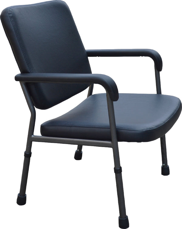 銀適黑色可調高度健康椅(連扶手)，椅腳可調校高度，適合不同高度人士使用，附有靠背，提供舒適承托。配有防滑橡膠凳腳，支架牢固，可靠安全，符合中/強度風險阻燃標準。