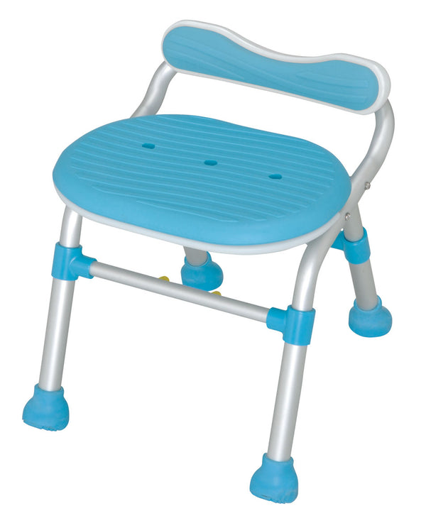 日本TacaoF 可摺式（無背）沐浴椅的靠背位置較低，照顧者能輕易清潔患者背部，靠背凹位設計不易碰到背骨，坐著時甚為舒適。日本TacaoF 可摺式（無背）沐浴椅可以摺疊，收納儲藏時非常便利，椅腳橫桿附有高度調節器，簡單調校座椅高度。