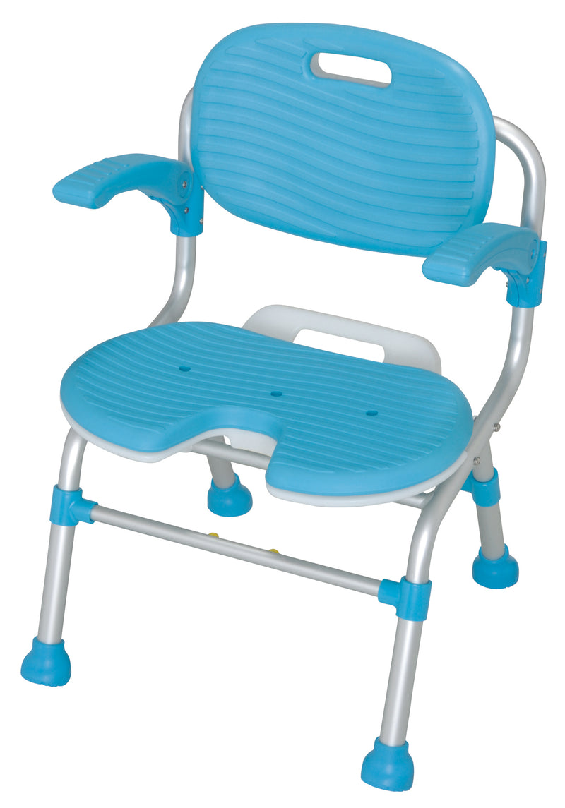 日本tacaof-可摺式u形沐浴椅-有背及扶手  日本TacaoF 可摺式U形沐浴椅可讓使用者坐著清洗局部身體，站立護理時，亦能減輕負擔。日本TacaoF 可摺式U形沐浴椅(有背及扶手)椅身可以摺疊，方便儲藏，高度可5段調節，適合不同身形人士，患者可以把腳放在U形凹槽中，拉近與看護者的距離。