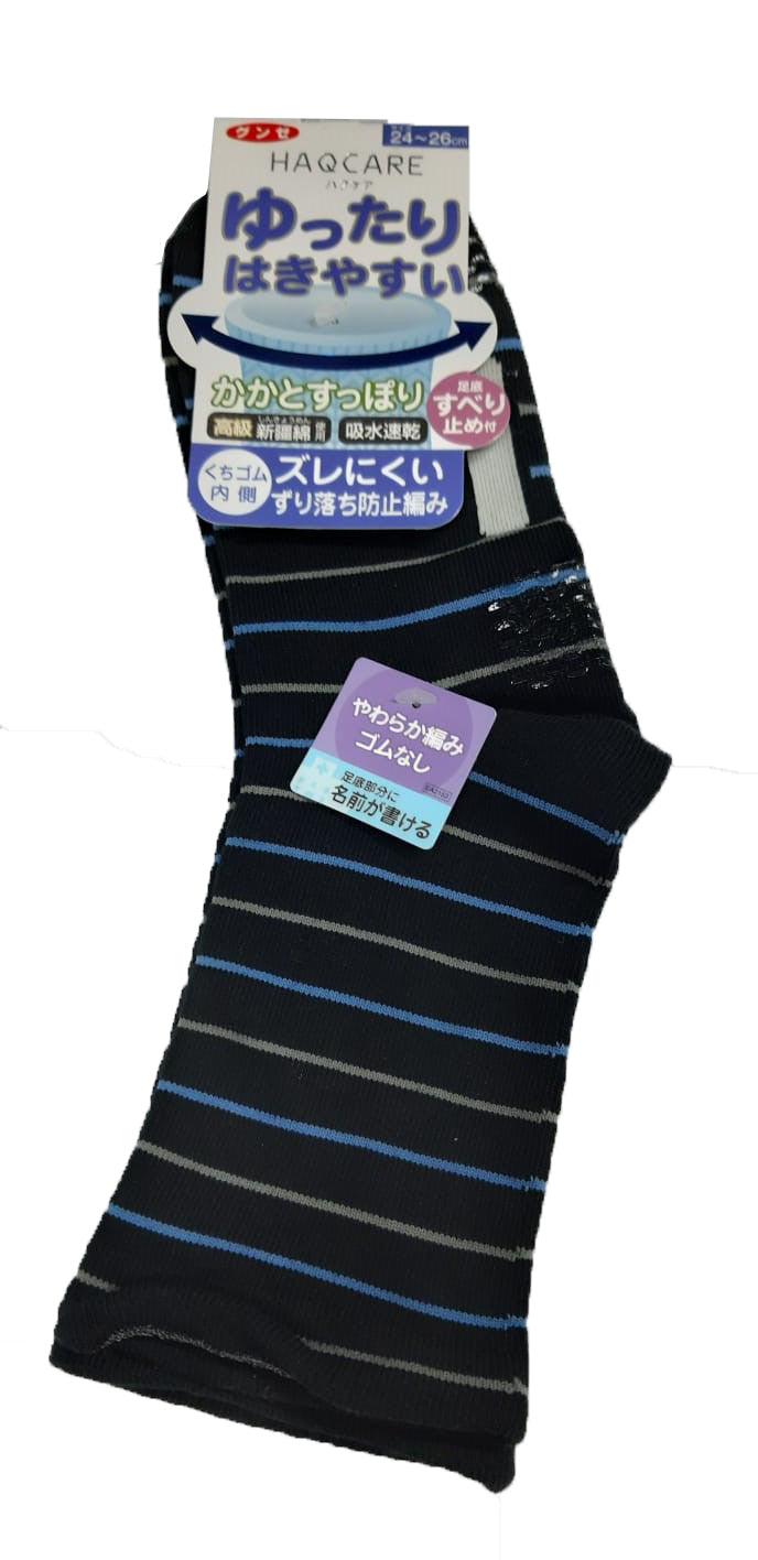 日本Gunze 紳士彈性防滑條紋綿襪吸水速乾zb2襪頭為防滑設計，穿著時不易滑下。