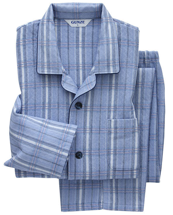 日本gunze-冬季男裝睡衣套裝-藍灰色格紋  柔軟親膚，穿著非常舒適，使用保溫物料，適合秋冬穿著。時尚格子花紋，美觀大方。前方有袋子，方便放置小物。