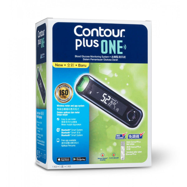 contour-plus-one血糖機套裝  提供高準確度血糖測試，香港市場上最高精準度(±8.5%)。可透過Bluetooth®(藍牙)技術無縫連接 血糖測試結果可與其他生活情況一併記錄：把血糖讀數連同飲食、活動及藥物等事件都記下，並可加上照片、筆記或語音備忘錄，以助了解糖尿管理狀況，當血糖水平達到臨界高值或臨界低值時，會有提示提醒。