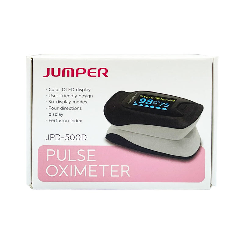 Jumper 手指血氧儀 (JPD-500D)測量血氧飽和度及脈搏，採用光電血氧檢測技術，配合脈搏掃描及記錄技術，可應用於測量運動前及運動後的吸氧量。螢幕可調亮度，設有低電量警告指示，無手指感應10秒後即自動關機，適合各種人群，專為運動愛好者、飛行員、登山者及有需要人士而設。一秒開機，可產生脈搏變化波形及有血氧飽和度標示方便參考，設有血流灌注指數，反映脈動血流的情況，機身輕巧，重量僅42.5克(包括電池 )，攜帶方便，FDA 及 CE 證書。