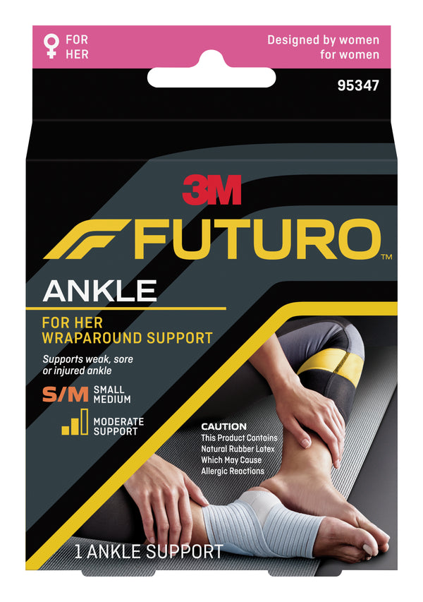 3M FUTURO For Her 護踝專為舒緩因足踝扭傷、長期足踝不穩或過勞而引致的痛楚不適而設計，並提供保護，支撐足踝，避免再度受傷。適用於扭傷、長期足踝不穩及過勞徵狀‎，適合全日或於進行會引起不適的活動時穿戴。