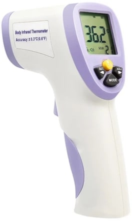 hti-紅外線體溫計  紅外線探測人體體溫及物體，水溫兩用。發燒警示及三種顏色背光顯示高低溫度，人體溫度精準度＋-0.3%c ，可選擇華氏及攝氏溫度顯示，含夜光功能、自動關機功能。