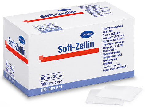 hartmann-soft-zellin®-消毒酒精棉  由柔軟無紡面料製成，已事先浸透 0.4 毫升異丙醇酒精（70 % V/V），方便立即使用。