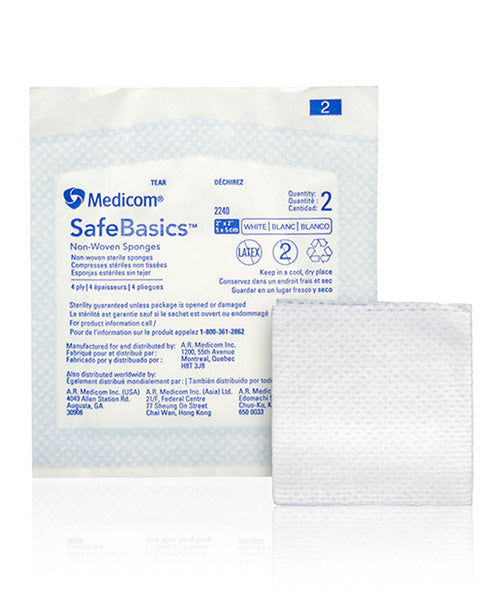 Medicom SafeBasics 消毒無紡布片採用柔軟、不掉毛和透氣的物料製成，提高患者舒適度。安全無菌，防止交叉污染，吸水性強，方便，獨立包裝。