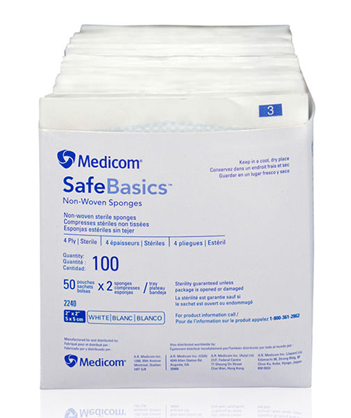 Medicom SafeBasics 消毒無紡布片採用柔軟、不掉毛和透氣的物料製成，提高患者舒適度。安全無菌，防止交叉污染，吸水性強，方便，獨立包裝。