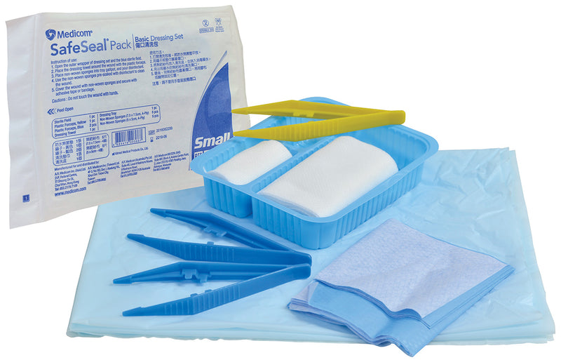 Medicom 傷口清洗包於傷口護理時使用。附有：防水無菌墊 x 1張、鑷子 - 黃色 x 1個、鑷子 - 藍色 x 2個、清洗墊巾 x 1張、清洗盆 x 1個、無紡紗布 x 5片 (7.5 x 7.5厘米-4層)、棉花球 x 8個。
