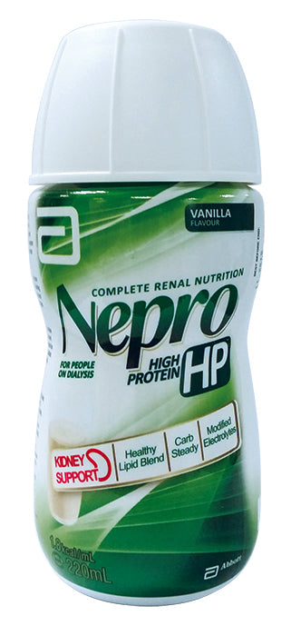 Nepro HP怡腎康雲呢拿味營養飲品經臨床證明，可提升清白蛋白和營養狀況低升糖指數，含先進緩慢消化複合性醣份組合。其高熱量及豐富蛋白質及低磷及低鉀，符合國際組織對腎臟健康飲食建議。