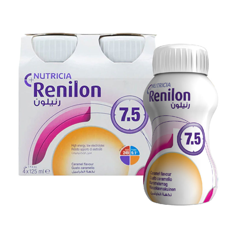 Nutricia Renilon 腎宜康 7.5 洗腎人士專用營養補充品 (焦糖味) 是洗腎人士專用的小瓶裝醫學營養品。每100毫升提供7.3克蛋白質；低鉀、低鈉、低磷及低升糖指數；高熱量小瓶裝適合需要限制水份攝取人士飲用。每100毫升RENILON 腎宜康7.5 提供約7.3克蛋白質，小瓶裝，適合需要限制水份攝取人士，低鉀、低鈉、低磷有助減低身體負擔，含豐富類胡蘿蔔素，有助抗氧化，含豐富單元不飽和脂肪酸，或有助穩定血糖，低糖及低升糖指數。
