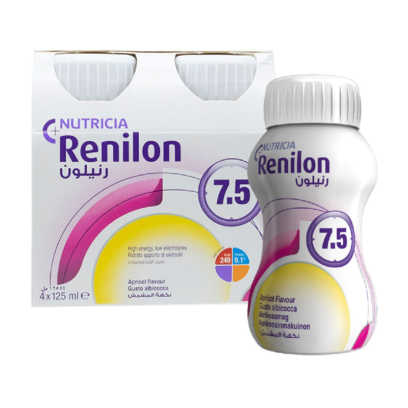 Nutricia Renilon 腎宜康 7.5 洗腎人士專用營養補充品 (杏脯味) (4支)是洗腎人士專用的小瓶裝醫學營養品。每100毫升提供7.3克蛋白質；低鉀、低鈉、低磷及低升糖指數；高熱量小瓶裝適合需要限制水份攝取人士飲用。每100毫升RENILON 腎宜康7.5 提供約7.3克蛋白質，小瓶裝，適合需要限制水份攝取人士，低鉀、低鈉、低磷有助減低身體負擔，含豐富類胡蘿蔔素，有助抗氧化，含豐富單元不飽和脂肪酸，或有助穩定血糖，低糖及低升糖指數。