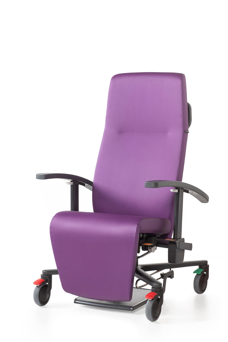 比利時Moments INO CURA NS 高背椅符合人體工學，提供多種坐姿及臥姿，背墊及腿墊可自由調校角度，長時間保持舒適姿勢。可任意調整後傾角度，最多可後傾至140°，適合不同用途，靠背及坐墊符合人體工學，舒緩脊椎壓力，可調節扶手高度。配備操縱桿，可任意調整後傾角度，能獨立或同步調校背部及腳托，可加配頸枕、則墊，餐台、腳踏、安全帶、鹽水架，個人化設計，有多種側板及扶手選擇，可自由加置/ 選擇配件。